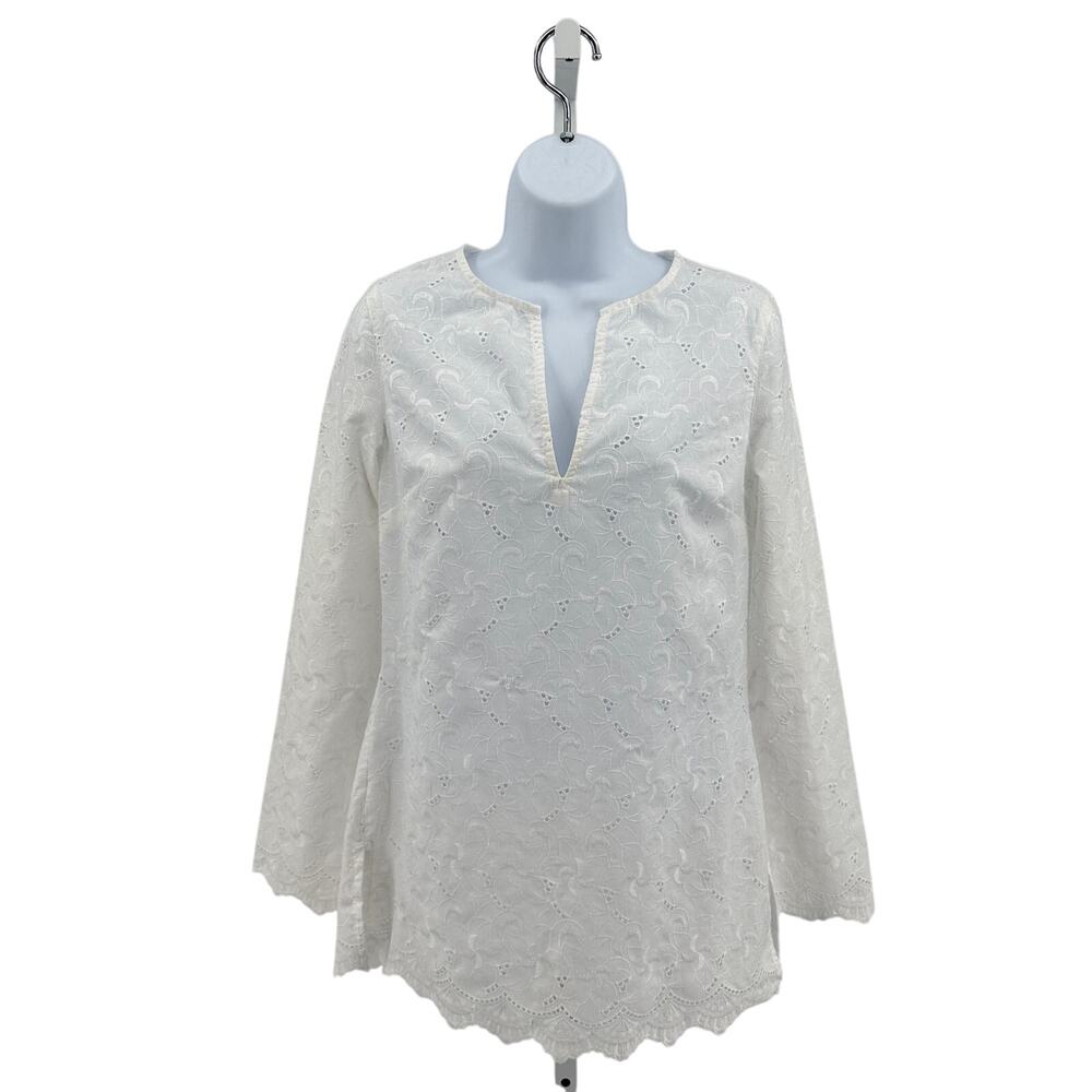 Caslon Eyelet Blouse WMN S White V-neck Long Sleeve Polyester Blend Scallop Trim